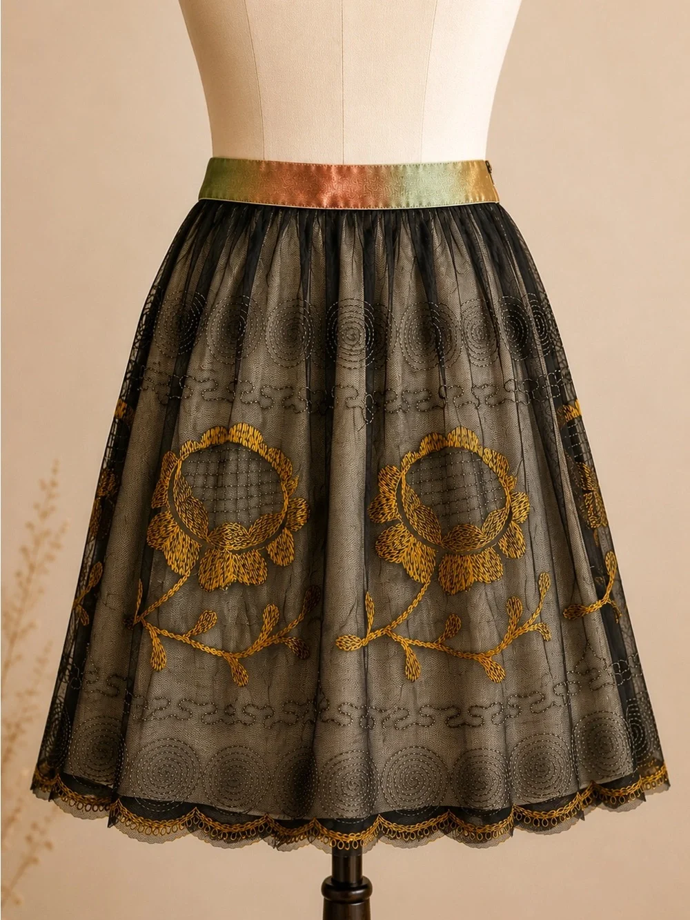Free People Gold Floral Layered Embroidered Mesh Skirt Boho Whimsigoth Fairycore
